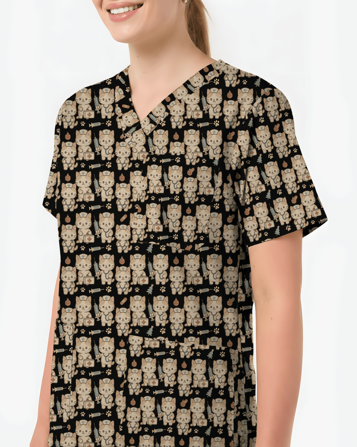 Cute Chibi Cat Christmas Medical Nurse Scrub Top - Scrubloop