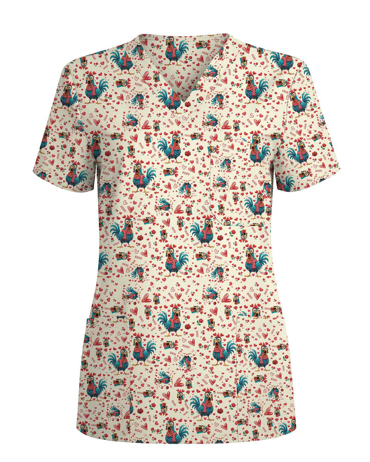 Cute Chicken Rooster Valentine Medical Scrub Top