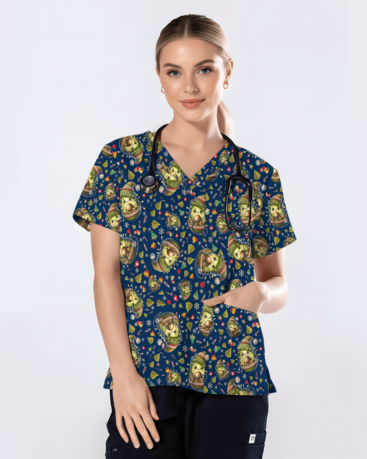 Cute Christmas Avocado Medical Scrub Top - Scrubloop