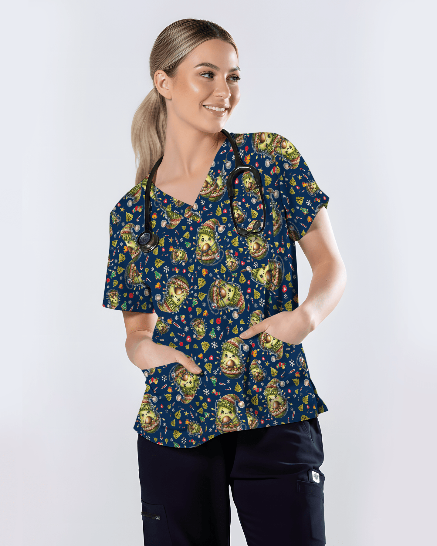 Cute Christmas Avocado Medical Scrub Top - Scrubloop
