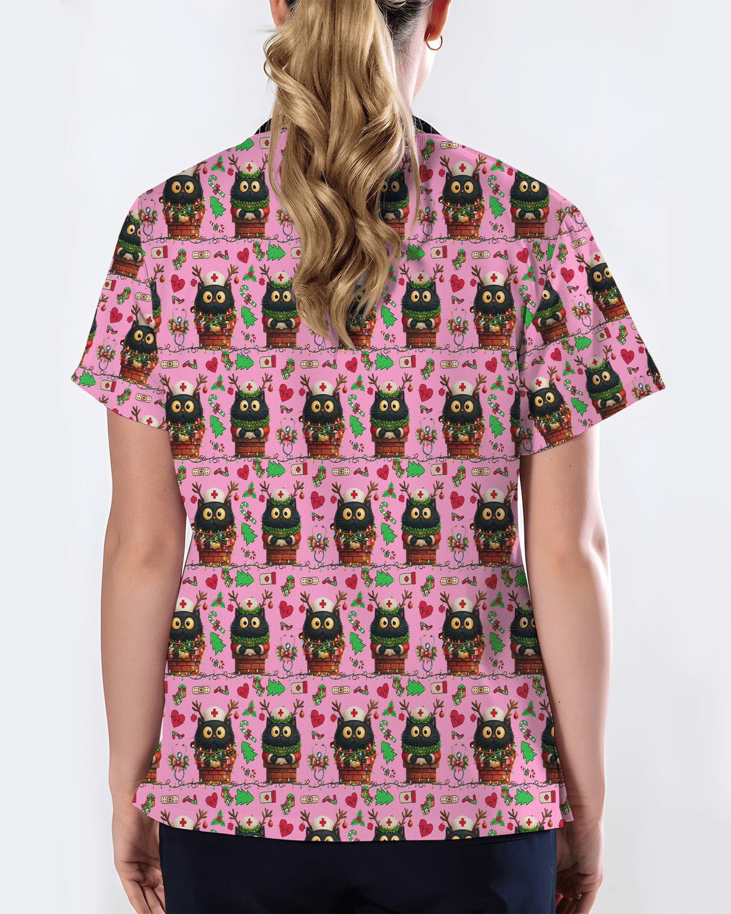 Cute Christmas Black Cat Nursing Scrub Top - Scrubloop