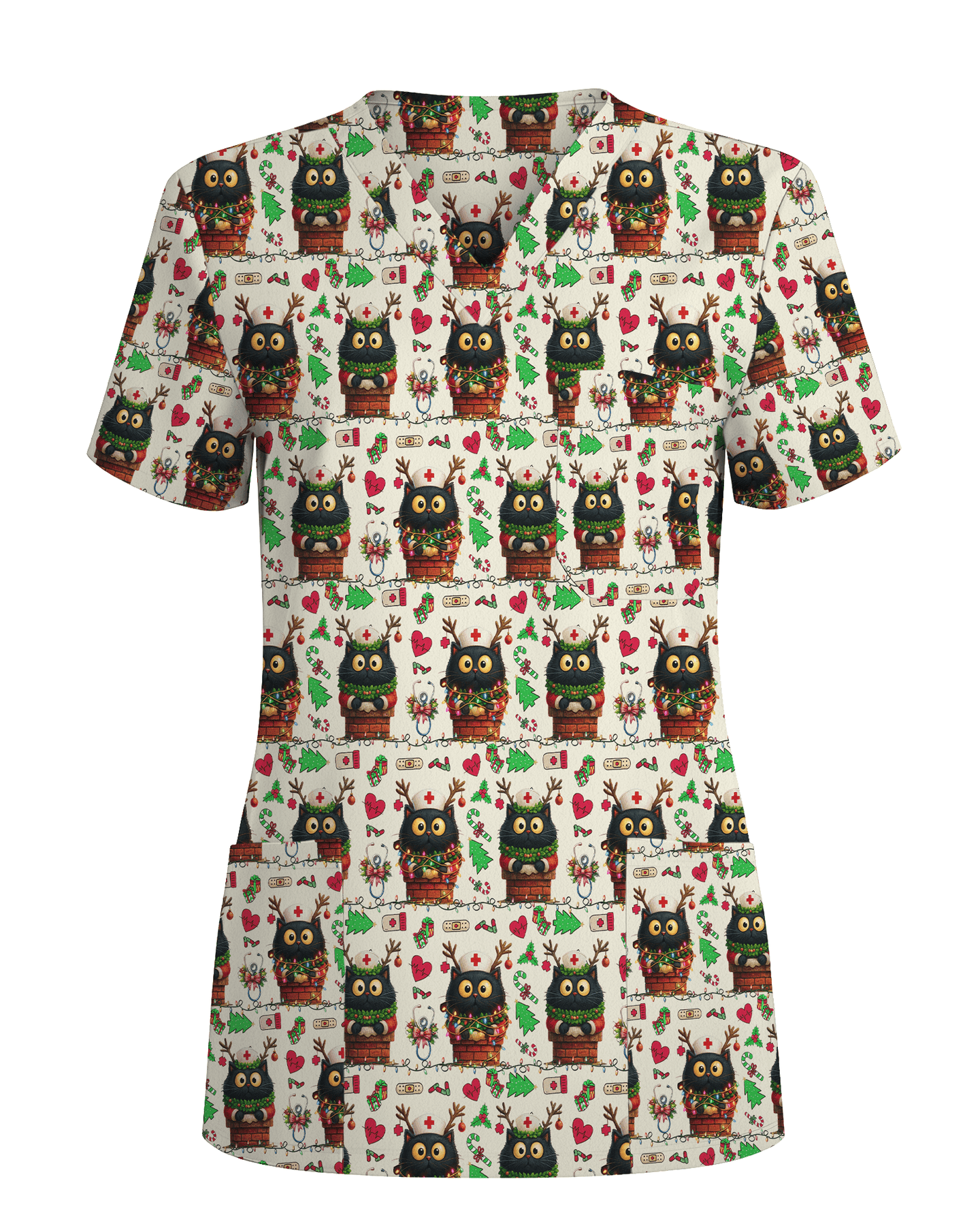 Cute Christmas Black Cat Nursing Scrub Top - Scrubloop