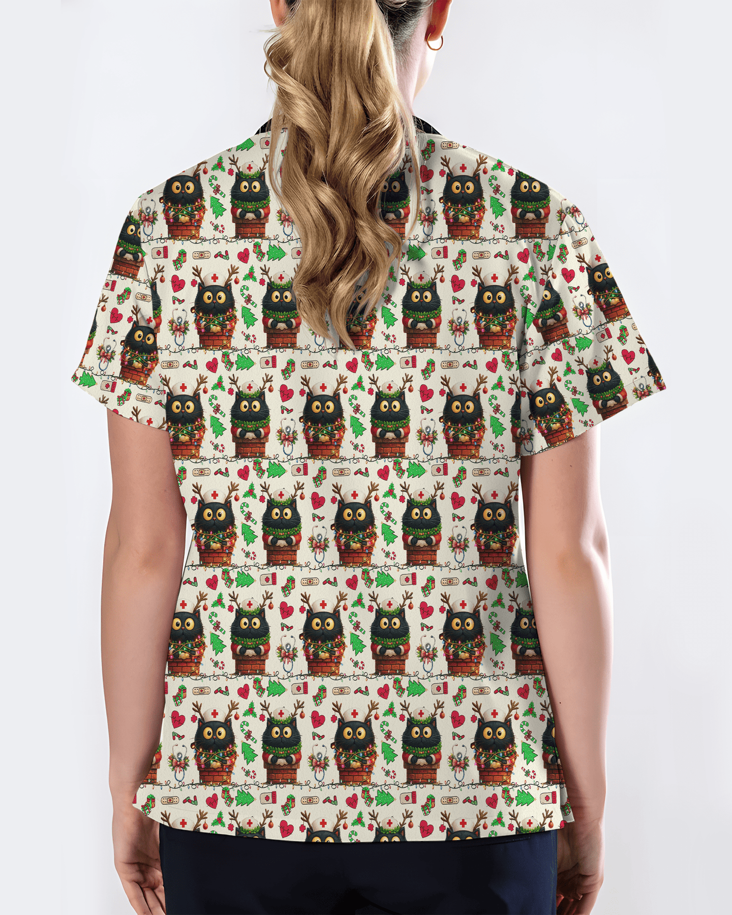 Cute Christmas Black Cat Nursing Scrub Top - Scrubloop