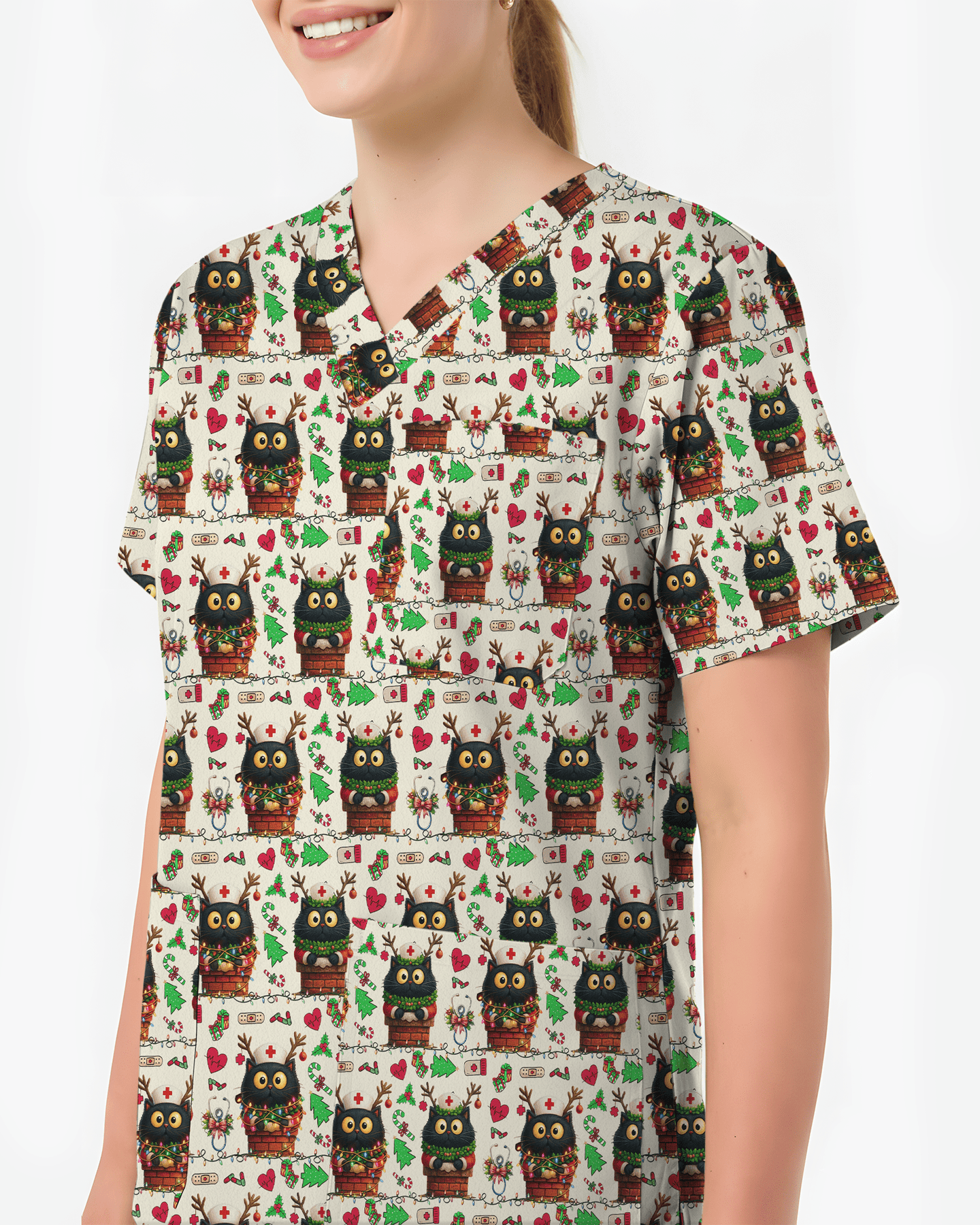 Cute Christmas Black Cat Nursing Scrub Top - Scrubloop