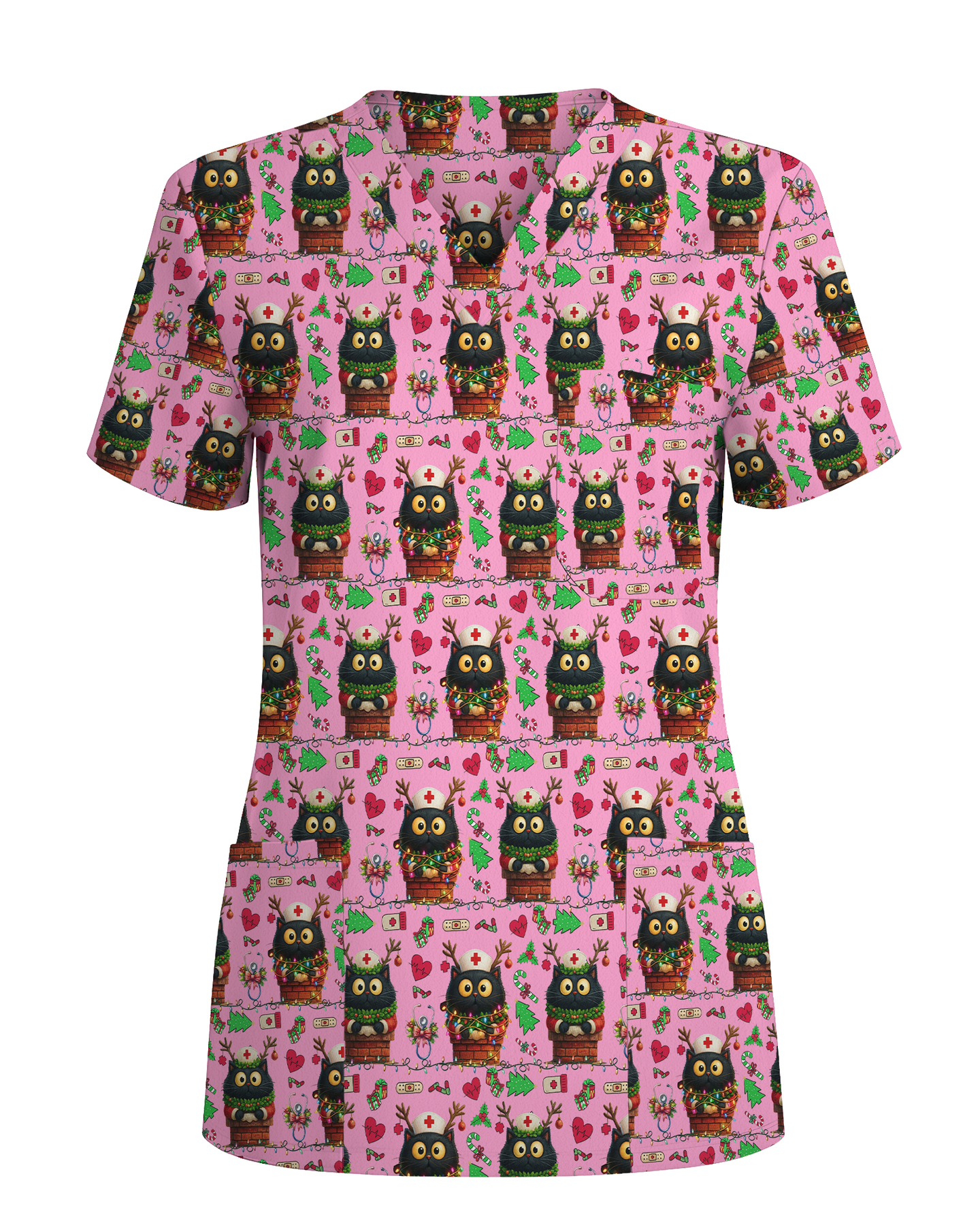 Cute Christmas Black Cat Nursing Scrub Top - Scrubloop