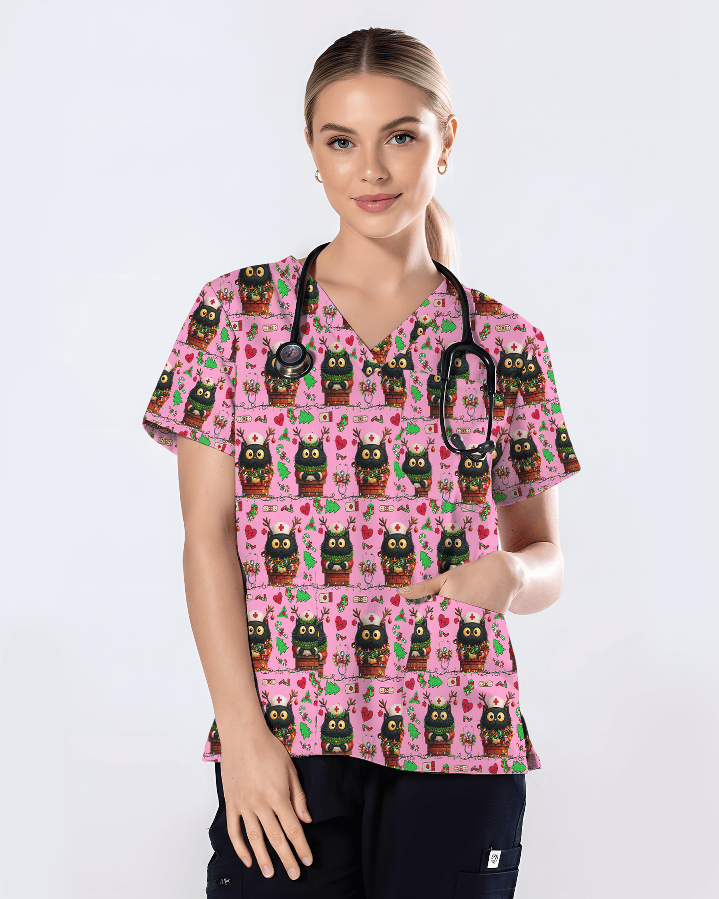 Cute Christmas Black Cat Nursing Scrub Top - Scrubloop