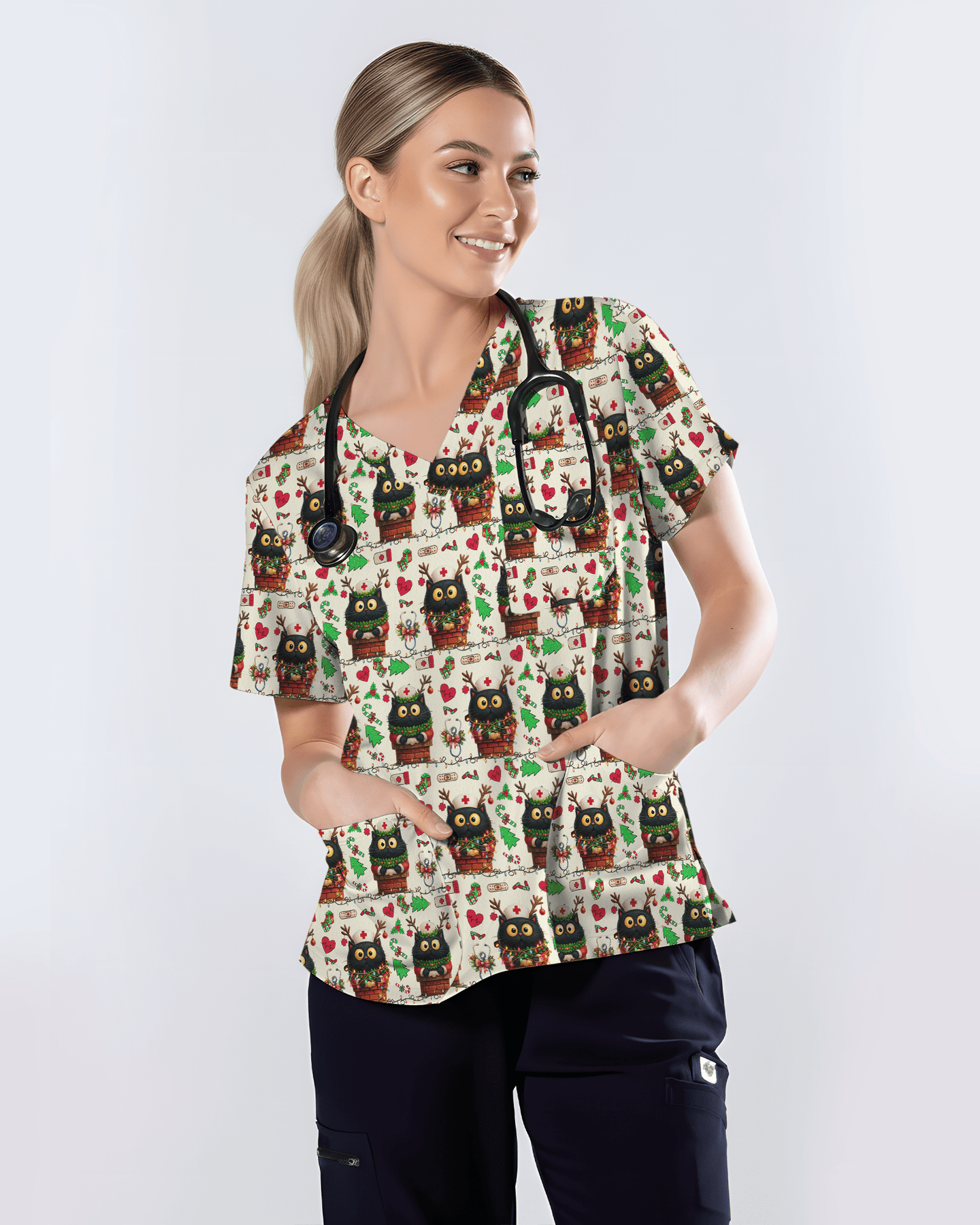 Cute Christmas Black Cat Nursing Scrub Top - Scrubloop