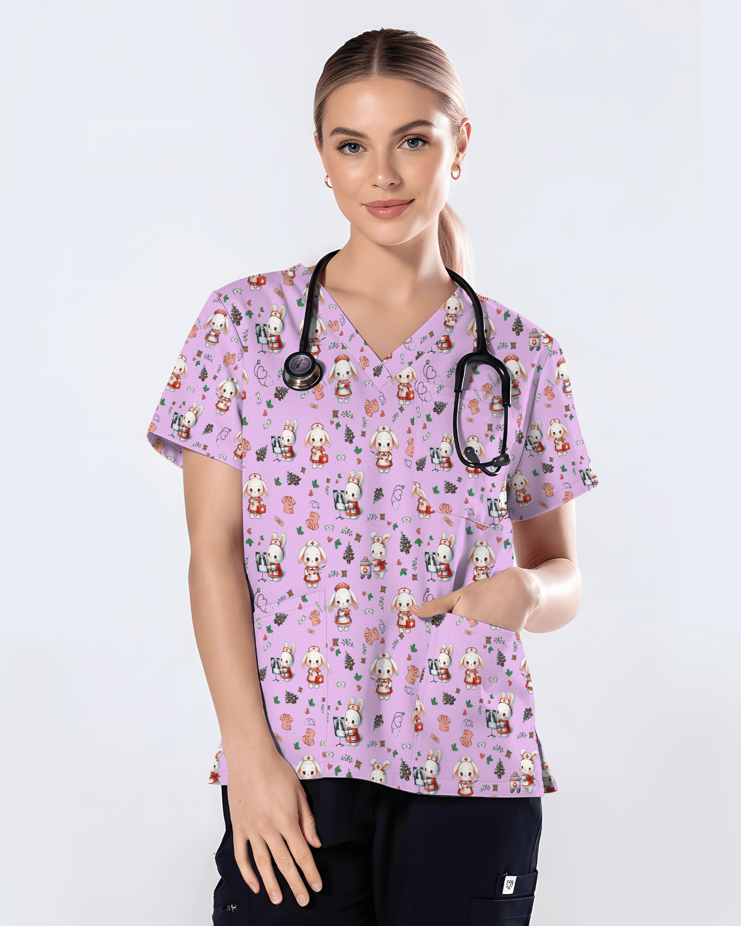 Cute Christmas Bunny Medical Scrub Top - Scrubloop