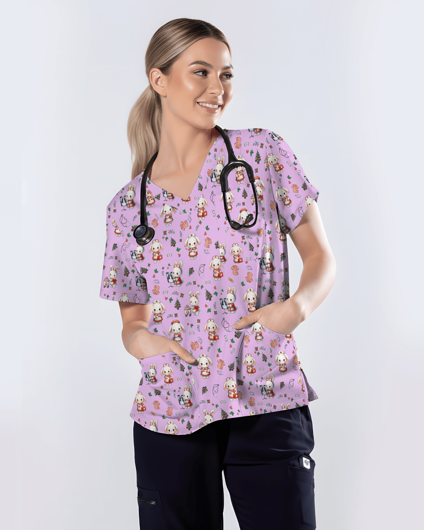 Cute Christmas Bunny Medical Scrub Top - Scrubloop
