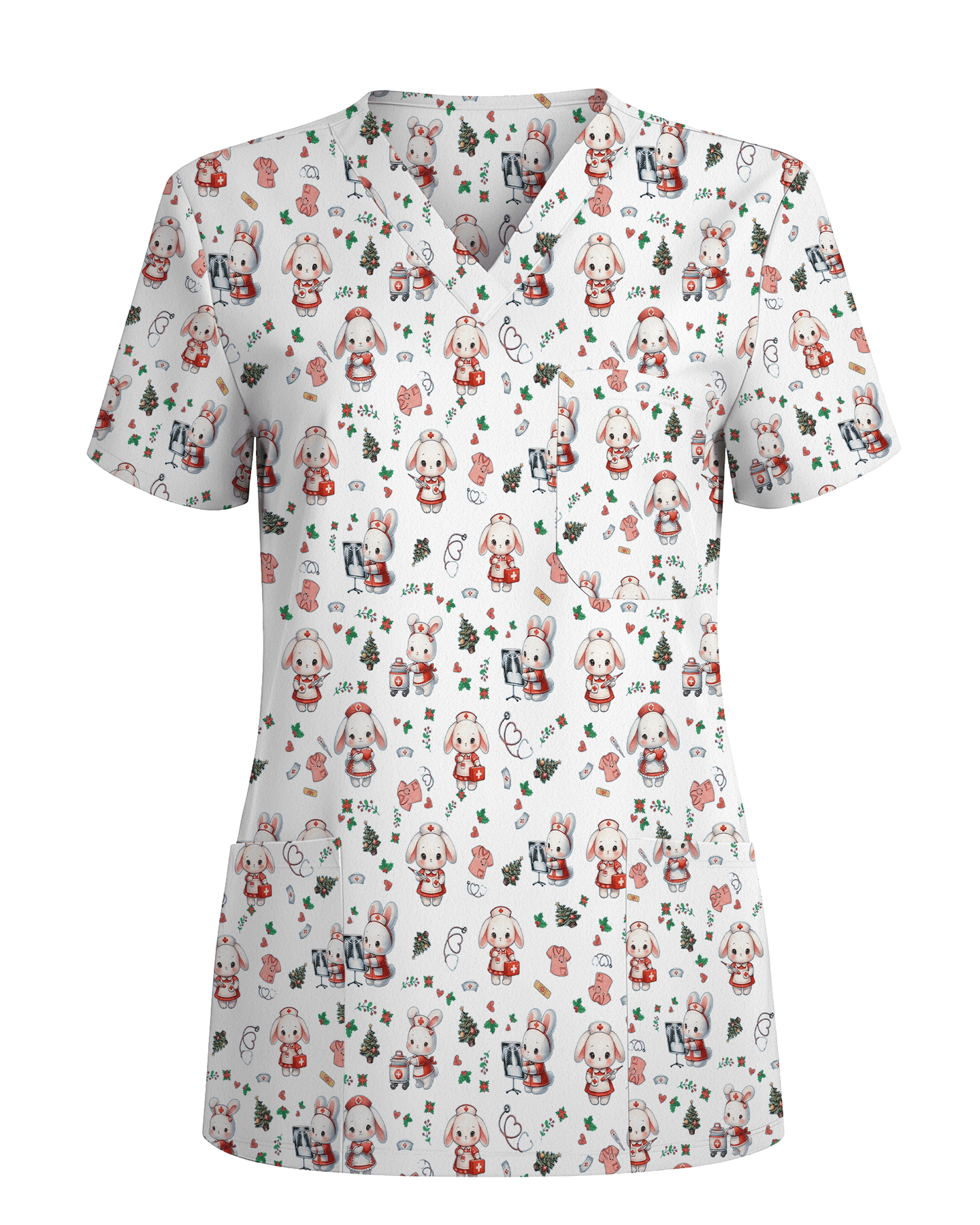 Cute Christmas Bunny Medical Scrub Top - Scrubloop