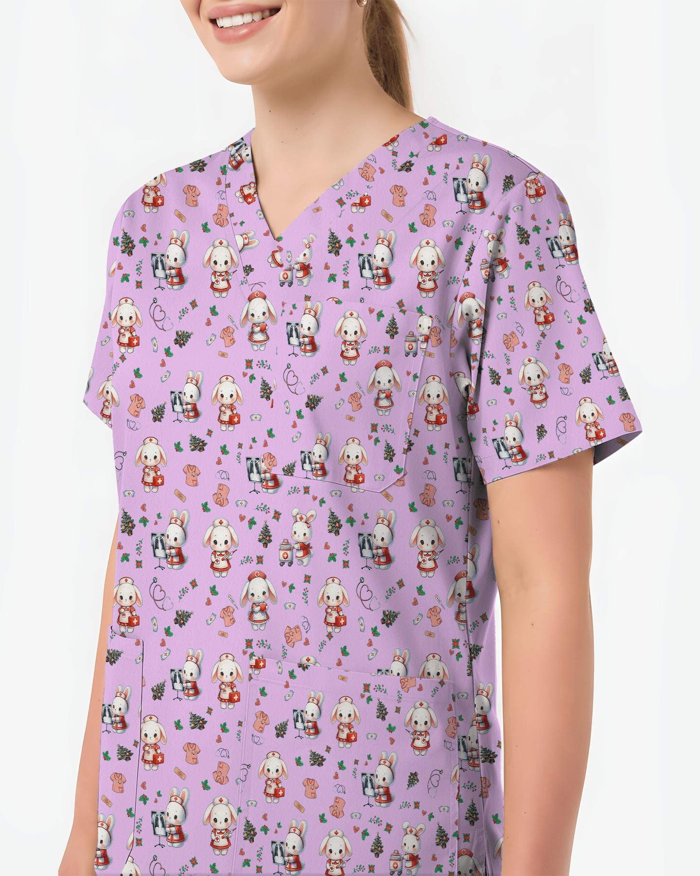 Cute Christmas Bunny Medical Scrub Top - Scrubloop