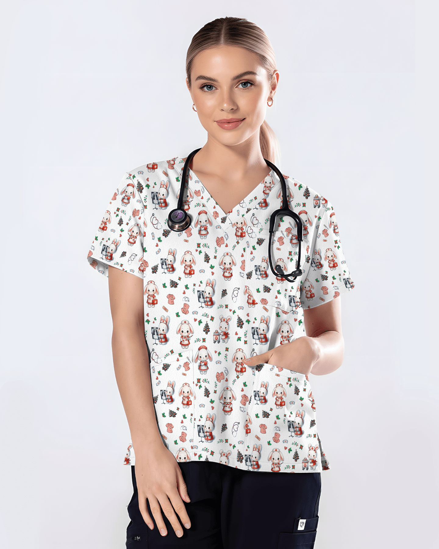 Cute Christmas Bunny Medical Scrub Top - Scrubloop