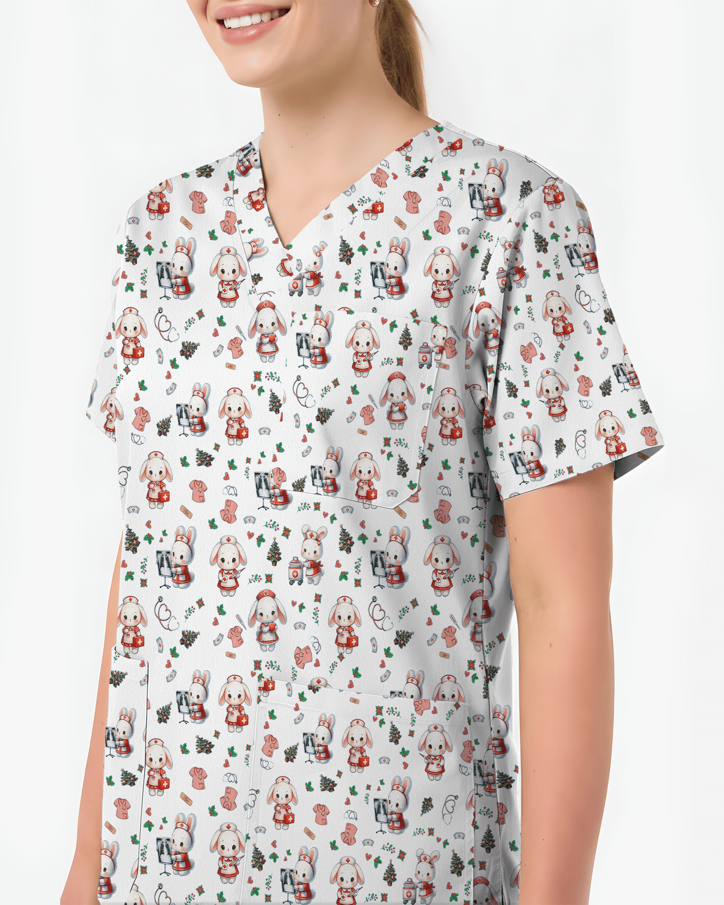 Cute Christmas Bunny Medical Scrub Top - Scrubloop