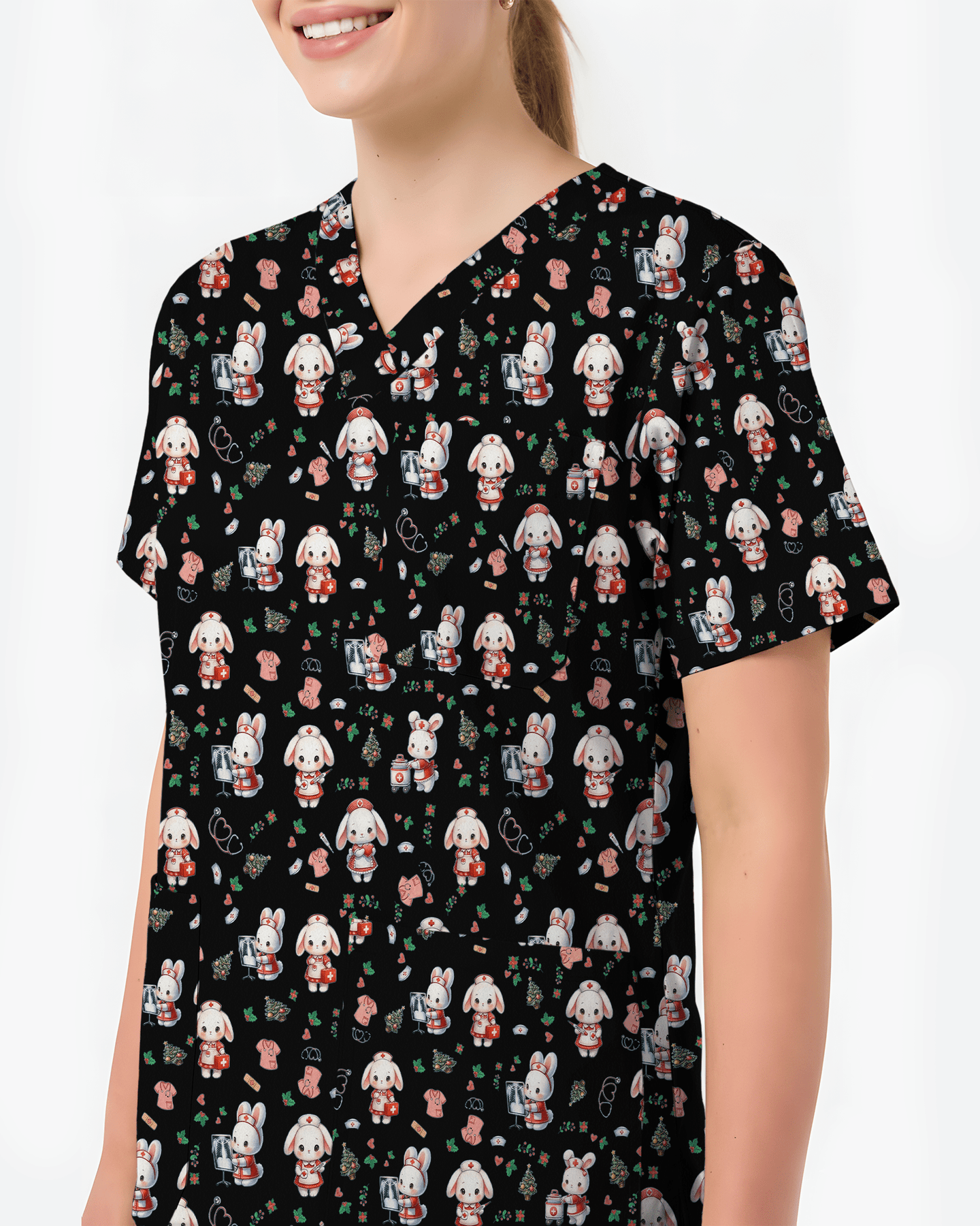Cute Christmas Bunny Medical Scrub Top - Scrubloop