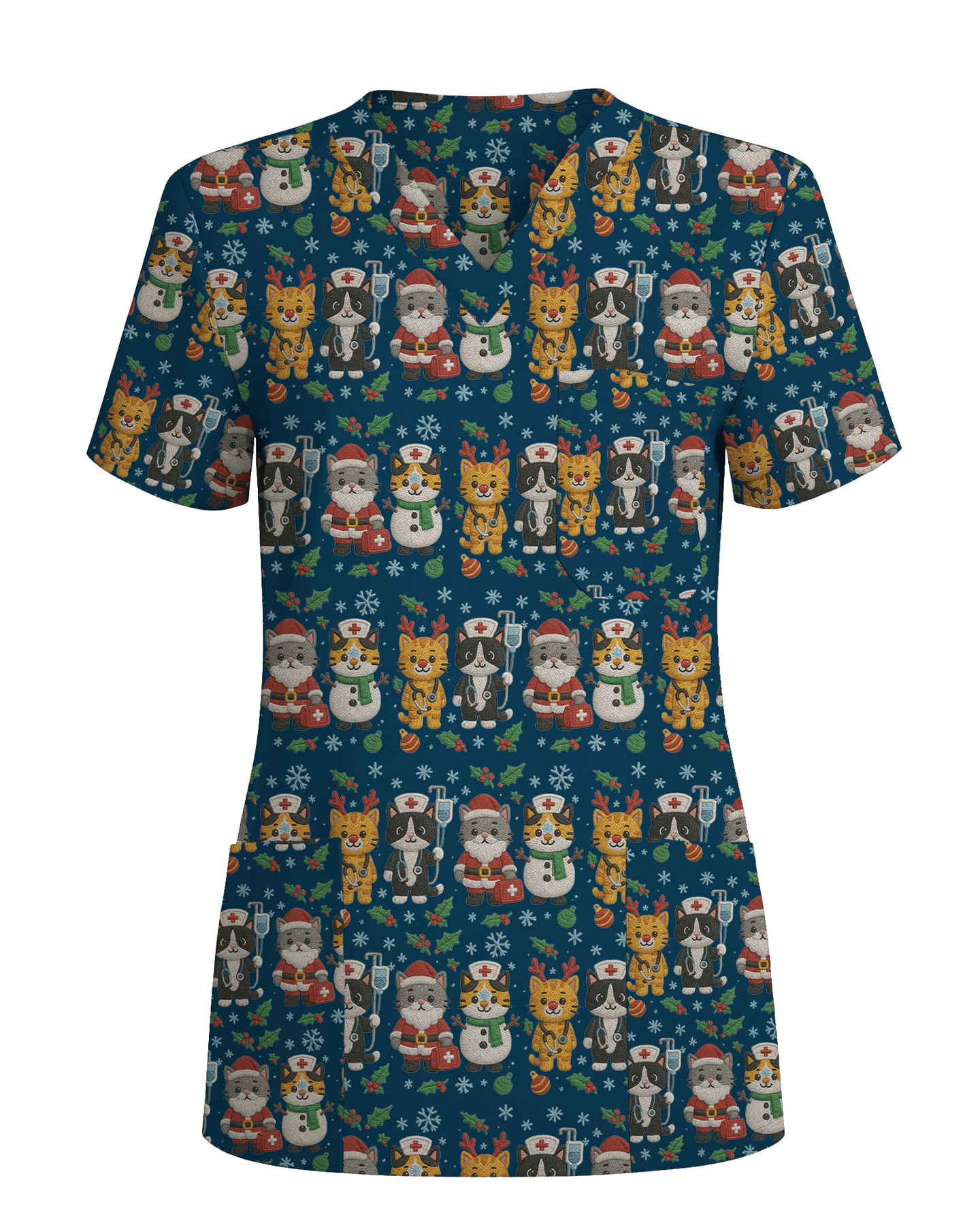 Cute Christmas Cats Embroidery Pattern Nurse Scrub Top - Scrubloop