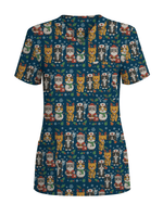 Cute Christmas Cats Embroidery Pattern Nurse Scrub Top - Scrubloop