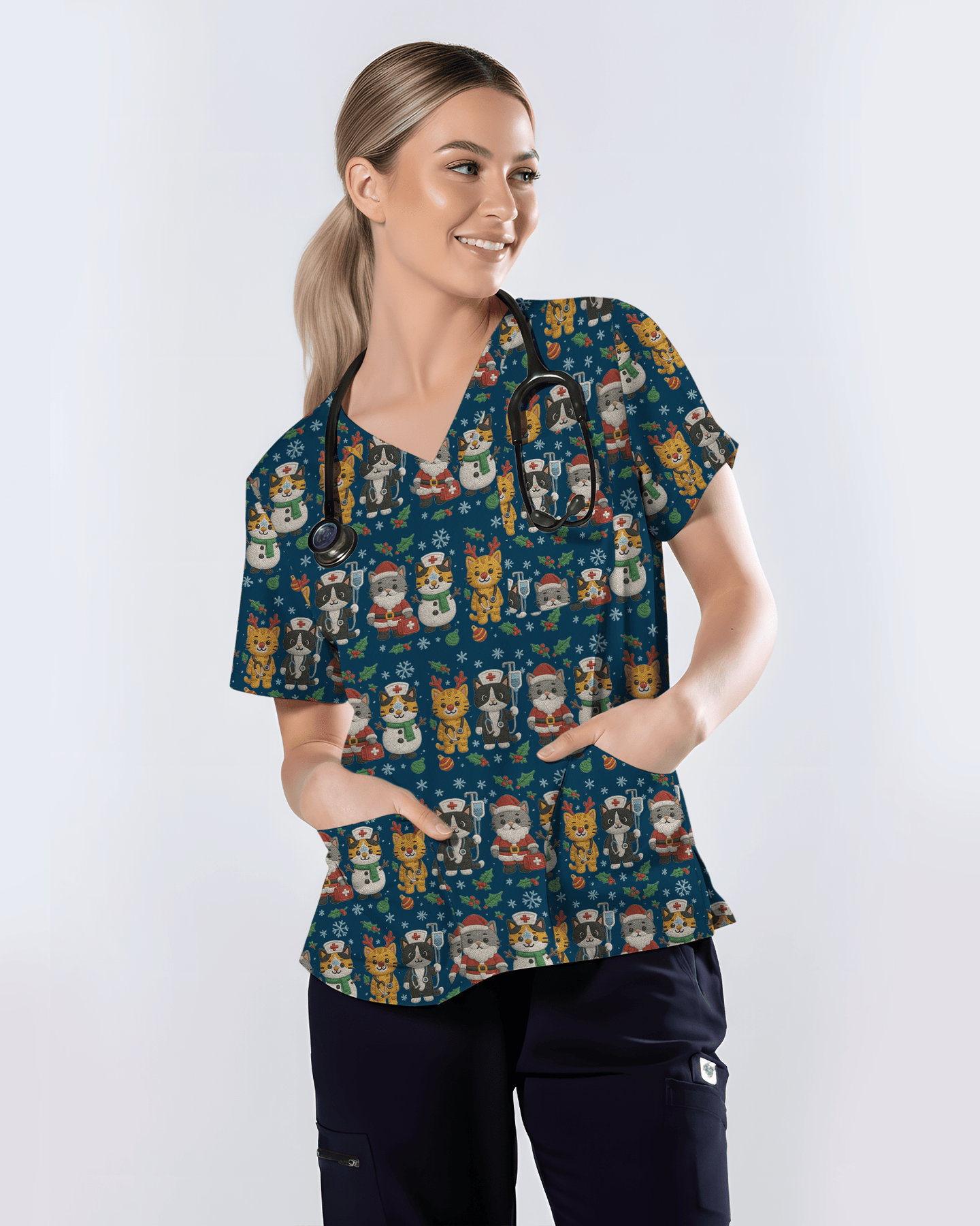 Cute Christmas Cats Embroidery Pattern Nurse Scrub Top - Scrubloop