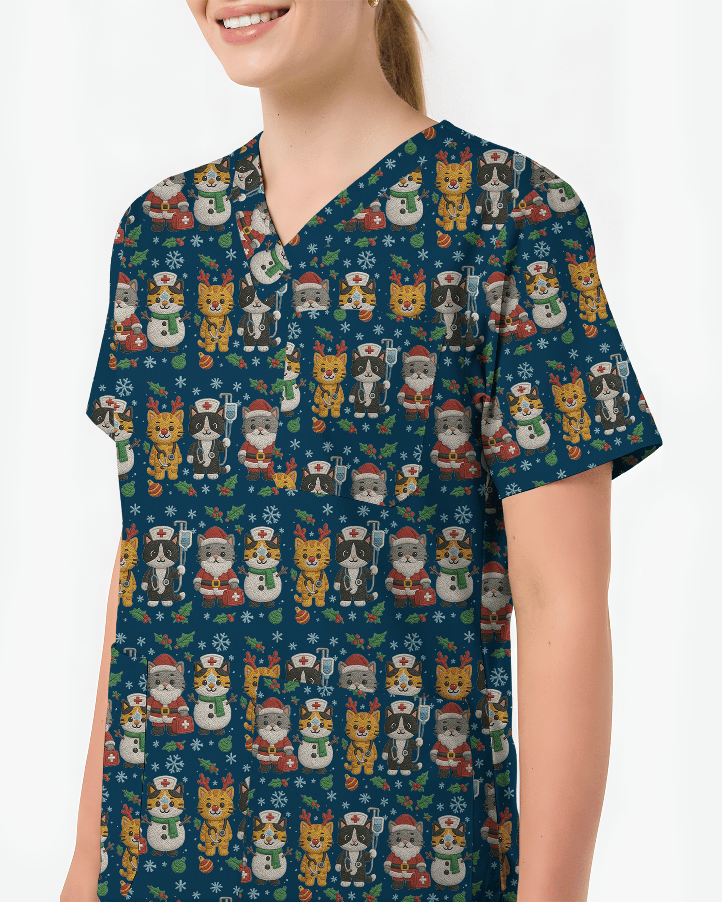 Cute Christmas Cats Embroidery Pattern Nurse Scrub Top - Scrubloop