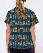 Cute Christmas Cats Embroidery Pattern Nurse Scrub Top - Scrubloop