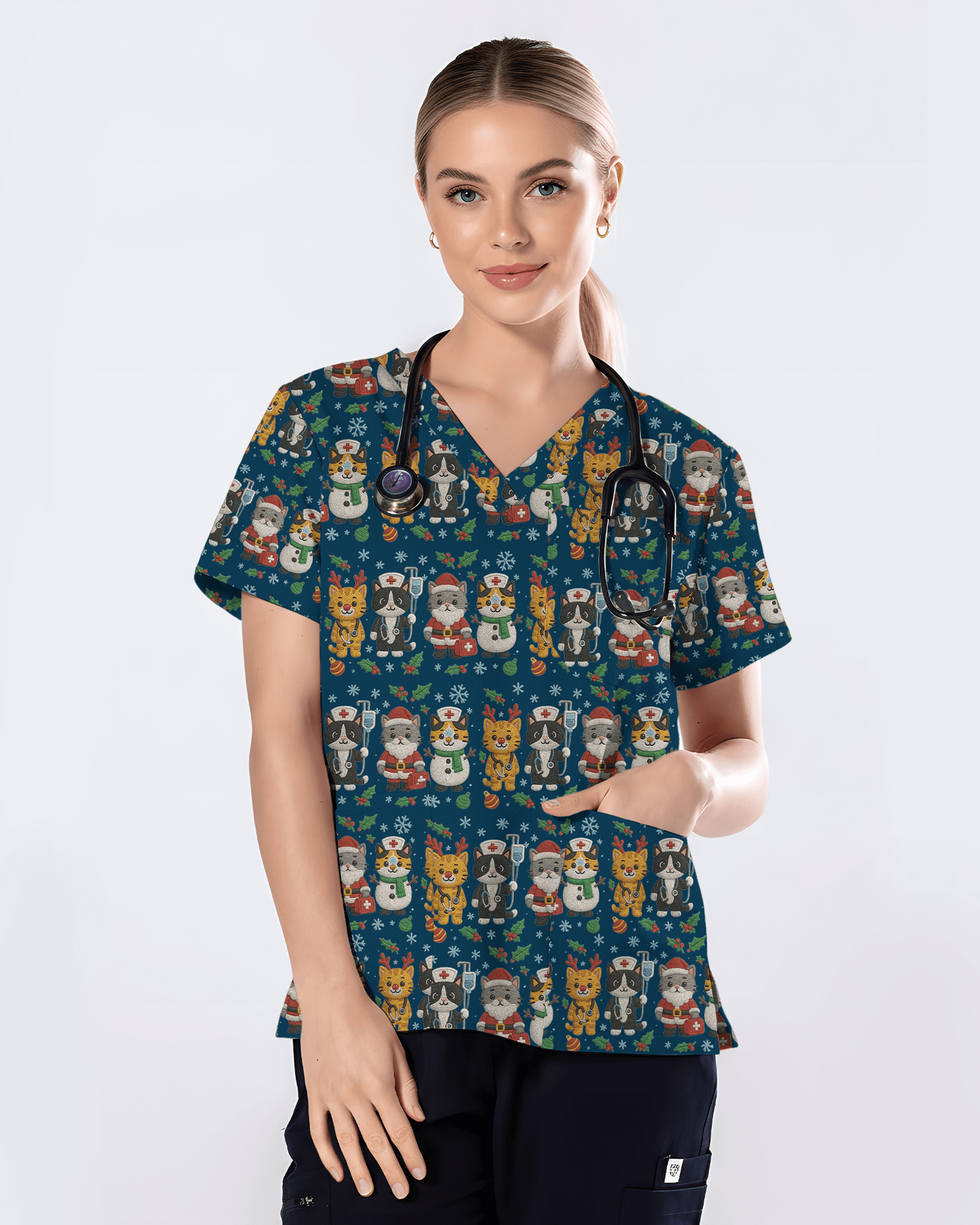 Cute Christmas Cats Embroidery Pattern Nurse Scrub Top - Scrubloop