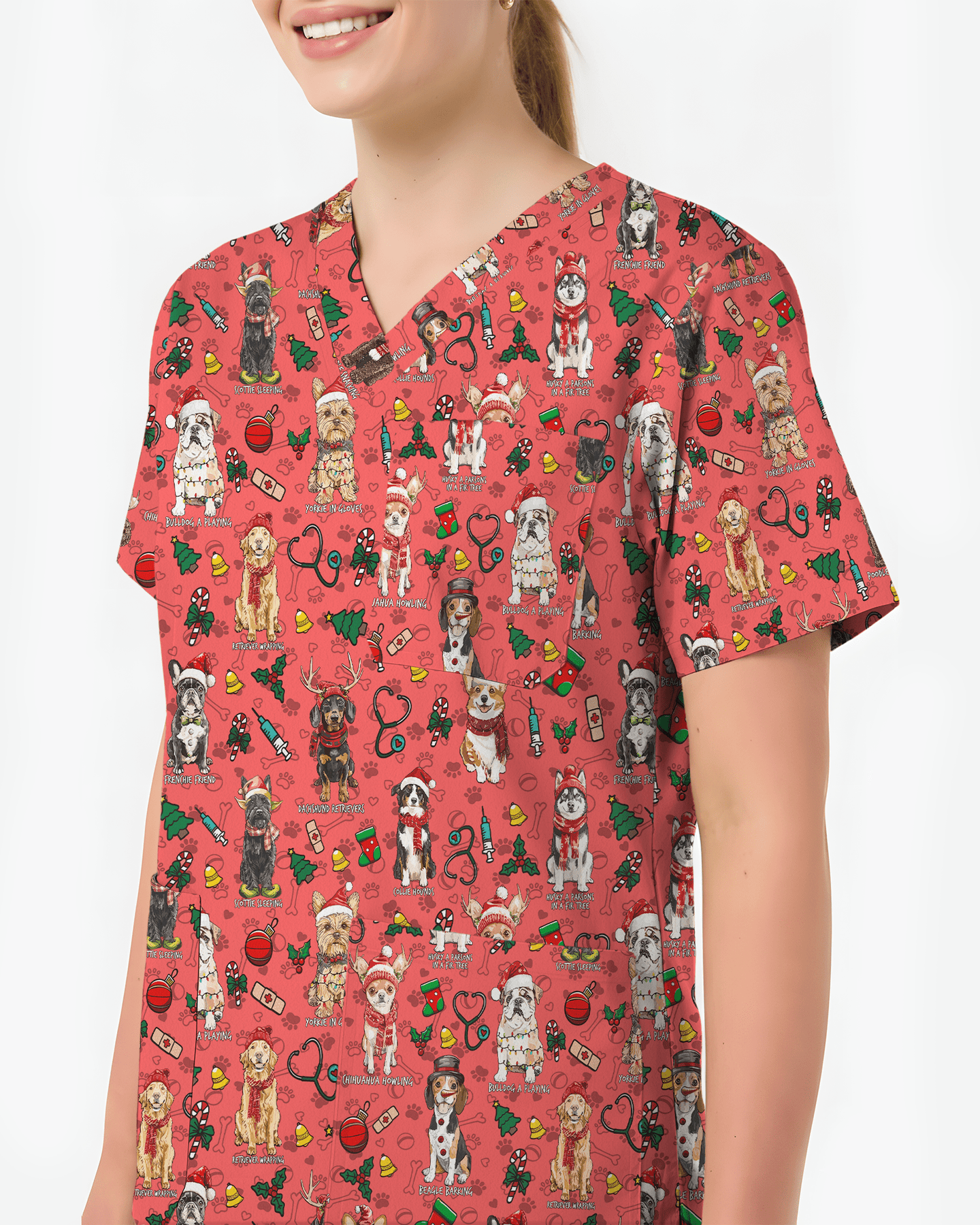 Cute Christmas Dog Breeds Medical Scrub Top - Scrubloop