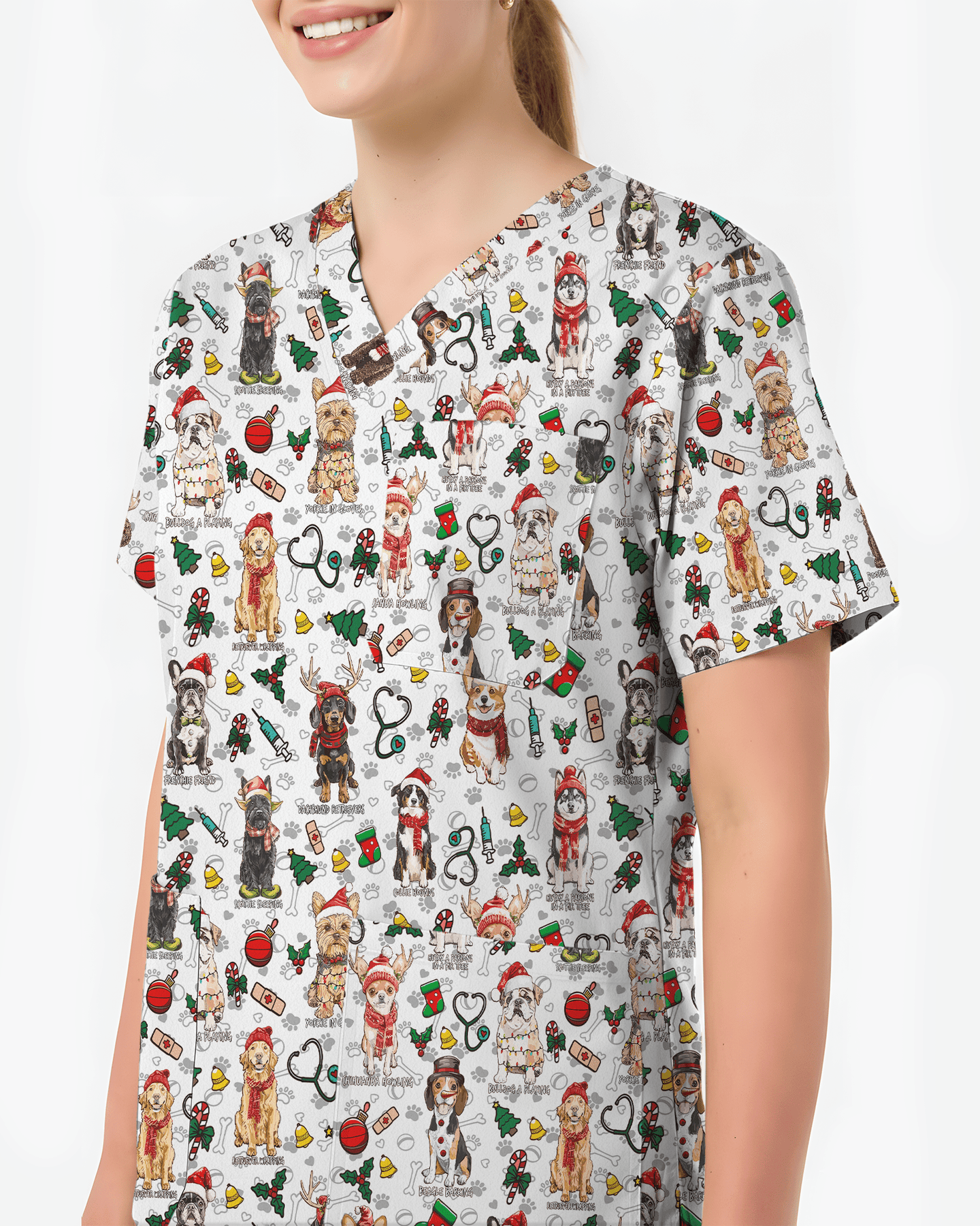 Cute Christmas Dog Breeds Medical Scrub Top - Scrubloop