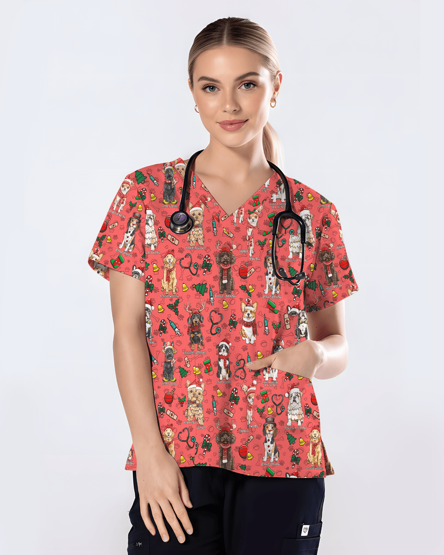 Cute Christmas Dog Breeds Medical Scrub Top - Scrubloop