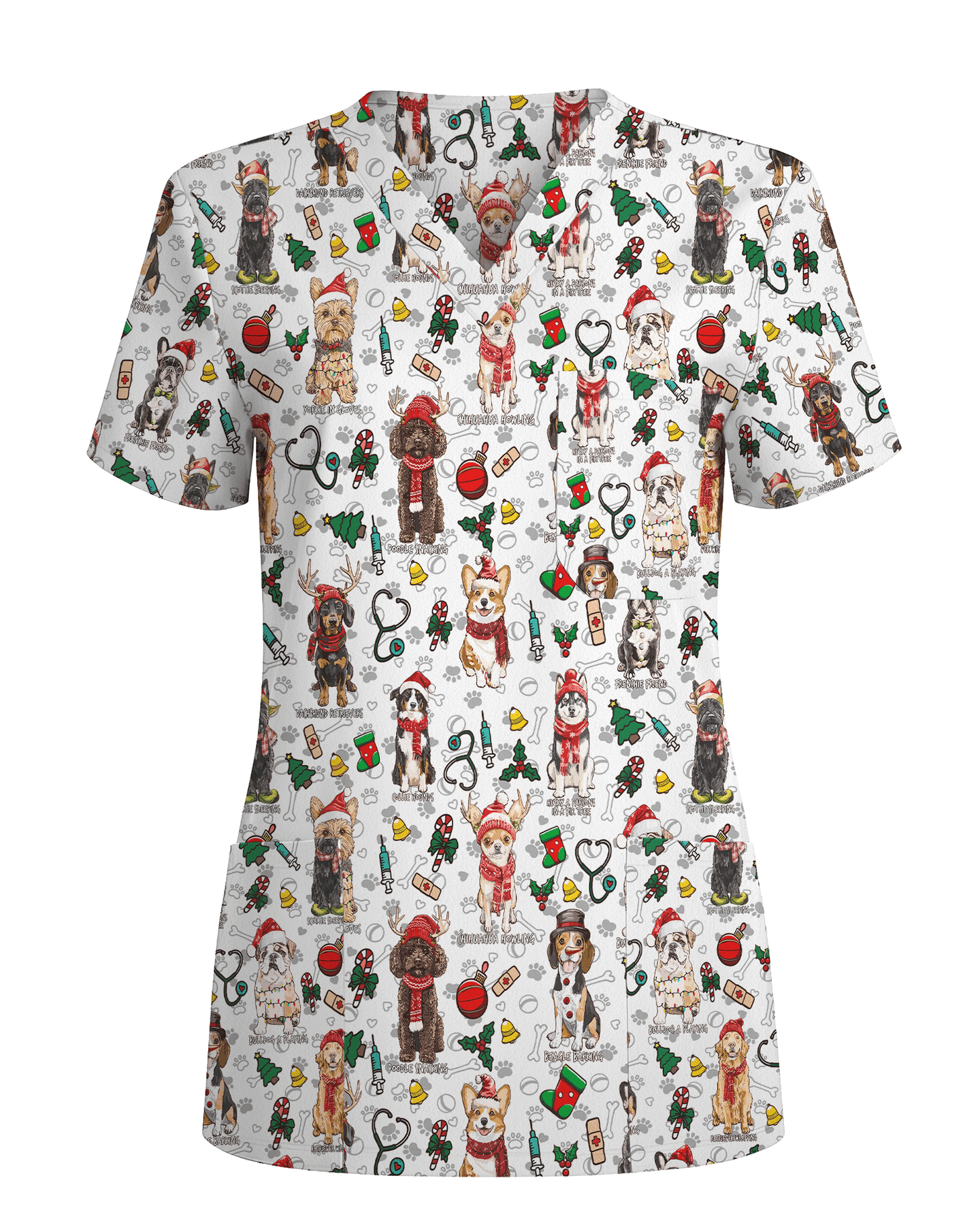 Cute Christmas Dog Breeds Medical Scrub Top - Scrubloop