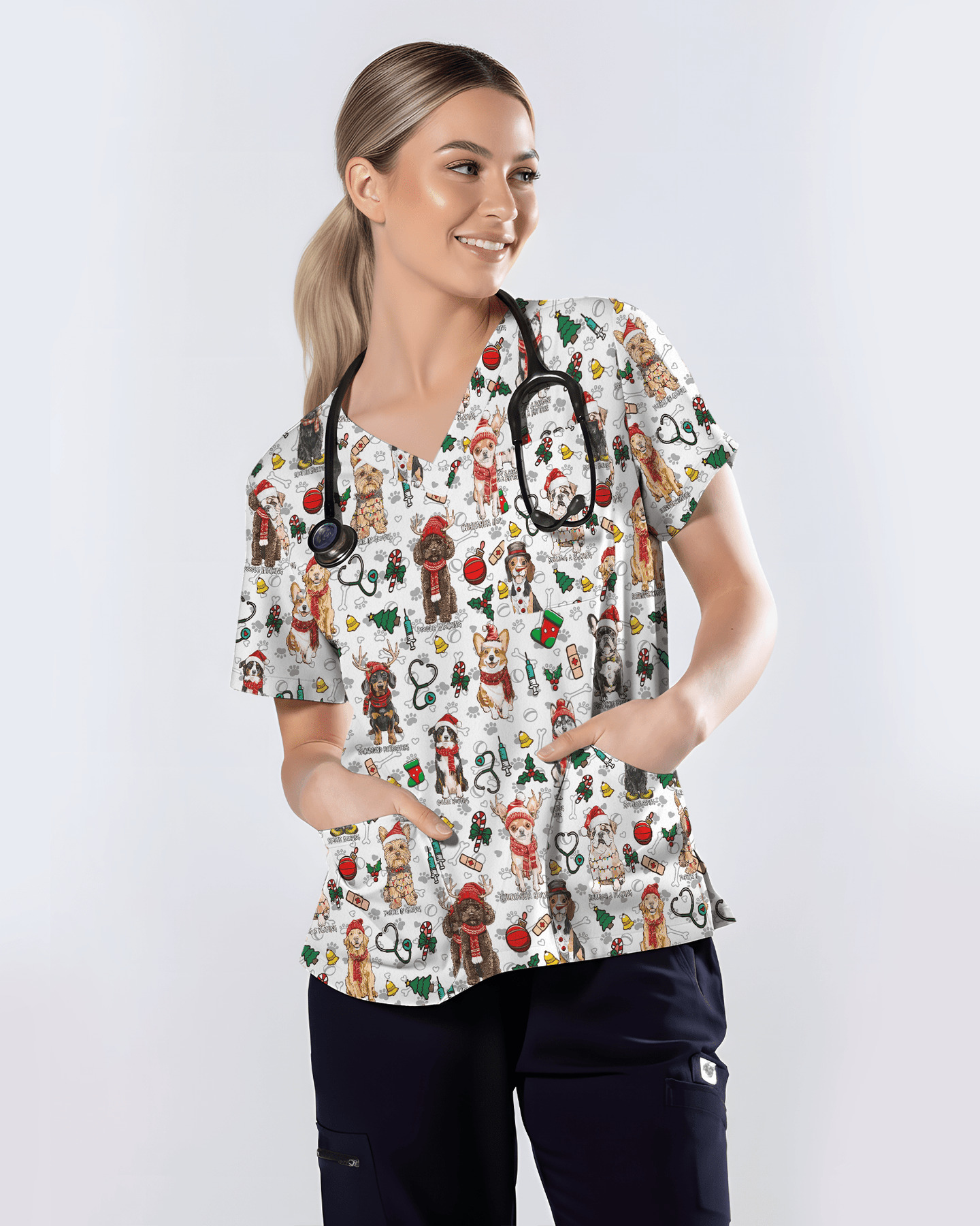 Cute Christmas Dog Breeds Medical Scrub Top - Scrubloop