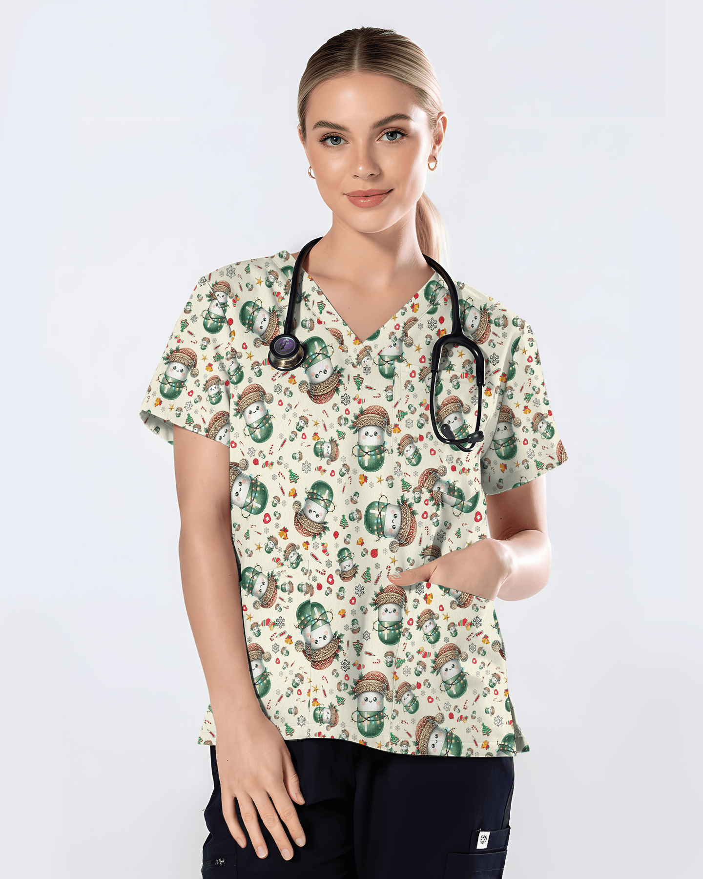 Cute Christmas Pill Capsule Nursing Scrub Top - Scrubloop