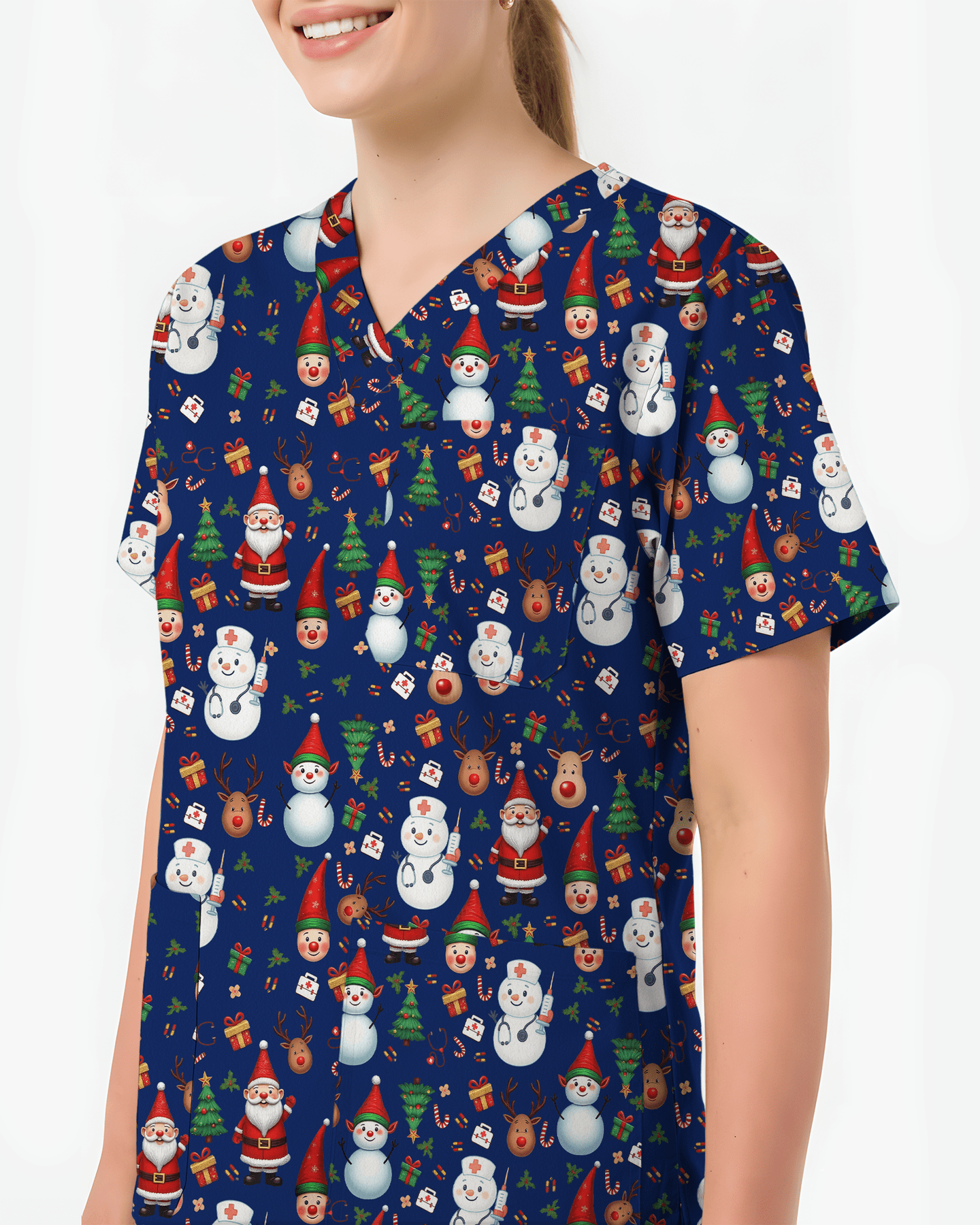 Cute Christmas Rudolph & Santa Medical Scrub Top - Scrubloop