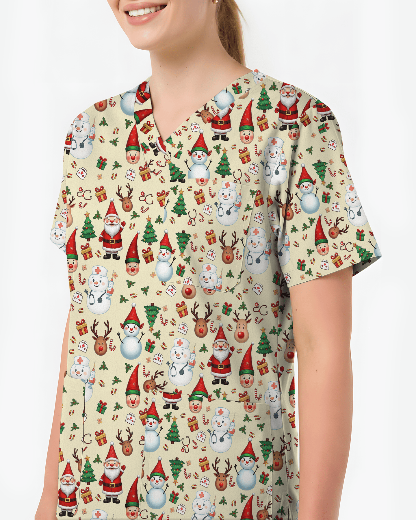 Cute Christmas Rudolph & Santa Medical Scrub Top - Scrubloop