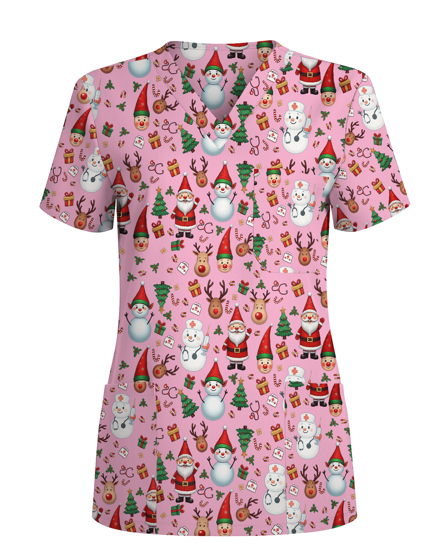 Cute Christmas Rudolph & Santa Medical Scrub Top - Scrubloop