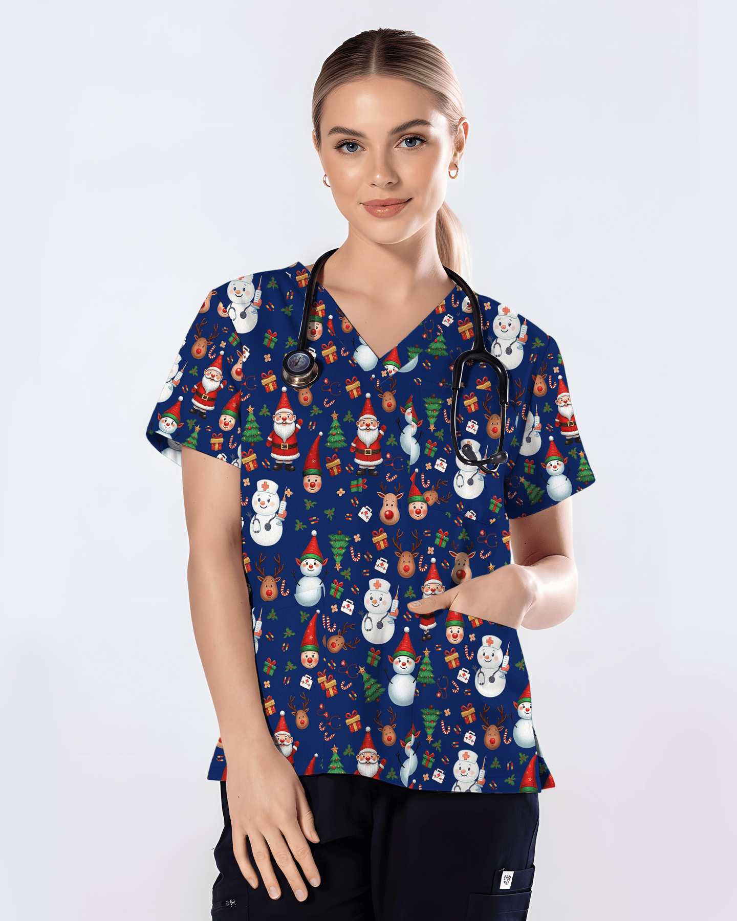 Cute Christmas Rudolph & Santa Medical Scrub Top - Scrubloop