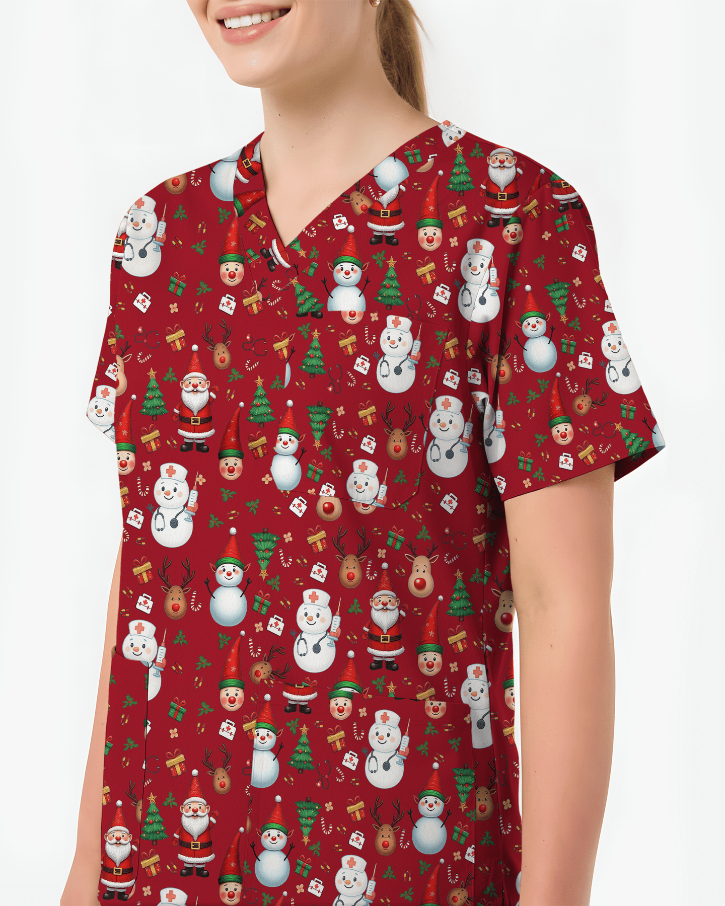 Cute Christmas Rudolph & Santa Medical Scrub Top - Scrubloop