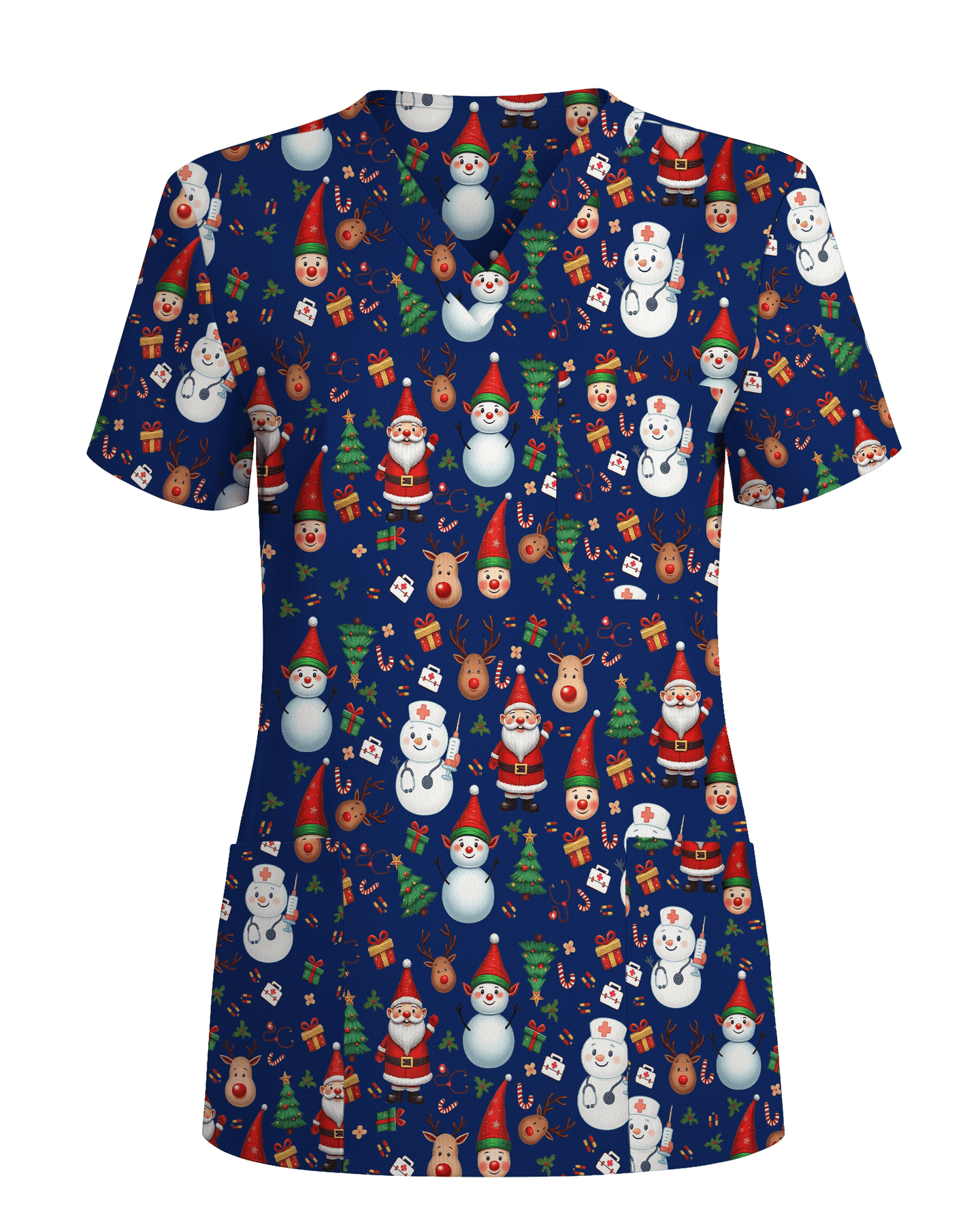 Cute Christmas Rudolph & Santa Medical Scrub Top - Scrubloop
