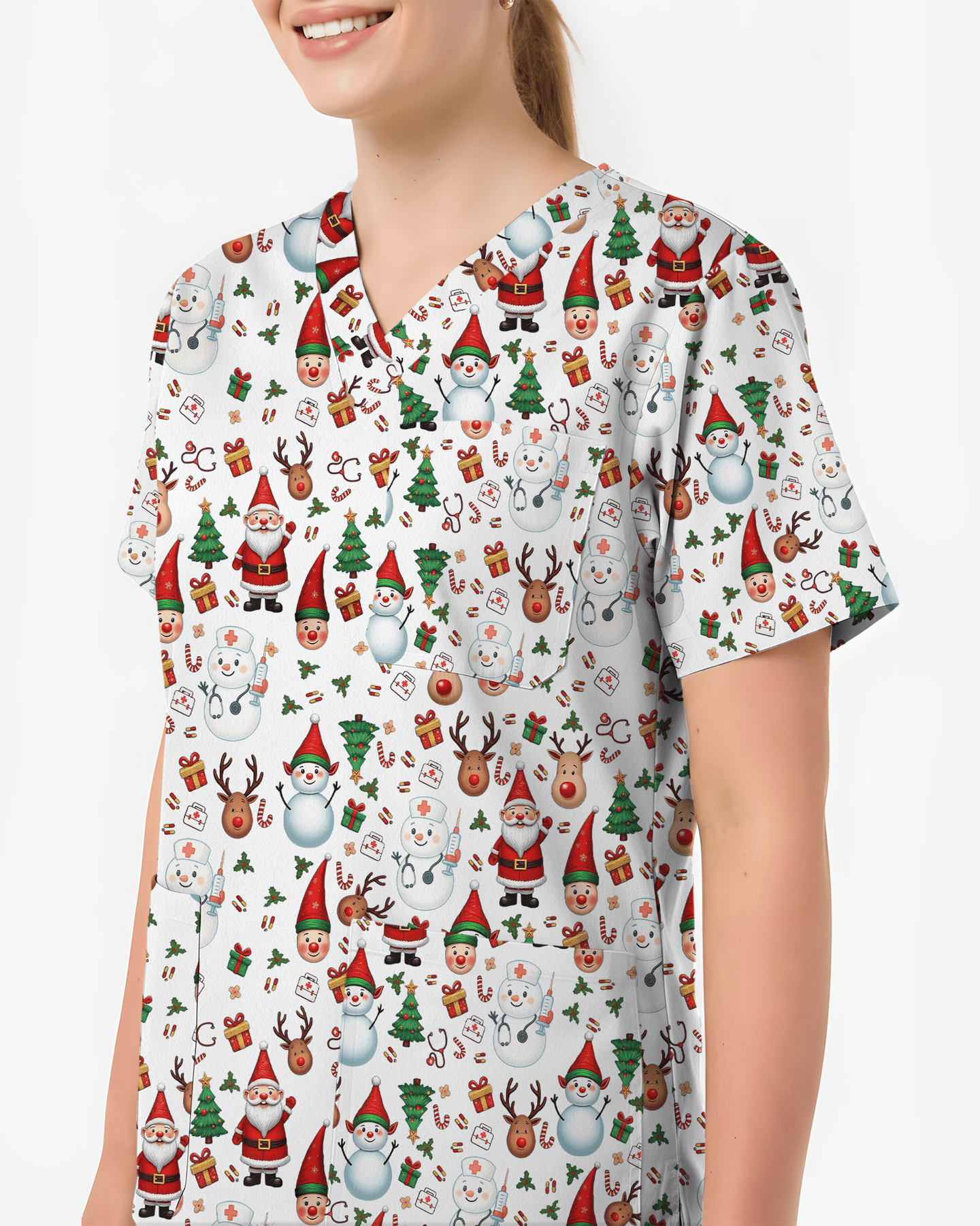 Cute Christmas Rudolph & Santa Medical Scrub Top - Scrubloop
