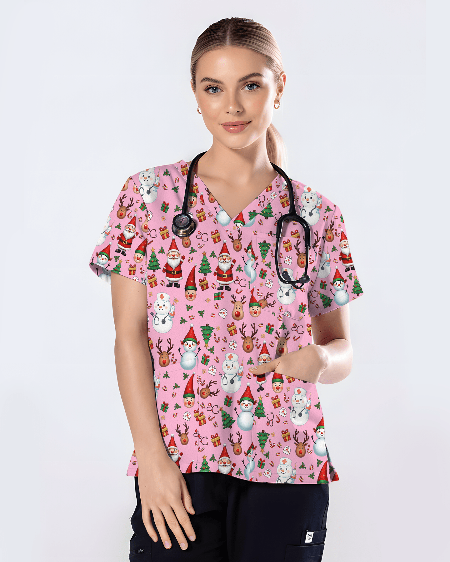 Cute Christmas Rudolph & Santa Medical Scrub Top - Scrubloop