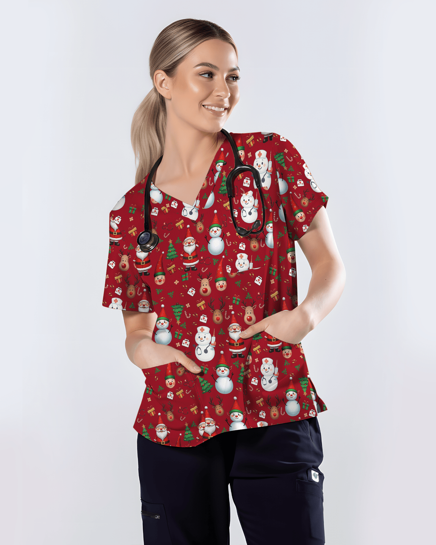 Cute Christmas Rudolph & Santa Medical Scrub Top - Scrubloop