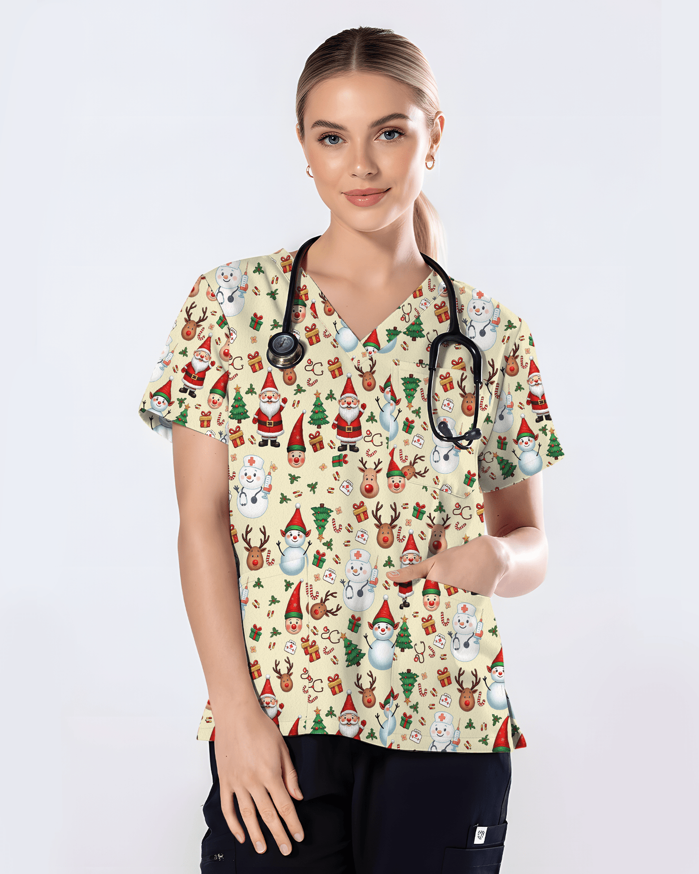 Cute Christmas Rudolph & Santa Medical Scrub Top - Scrubloop