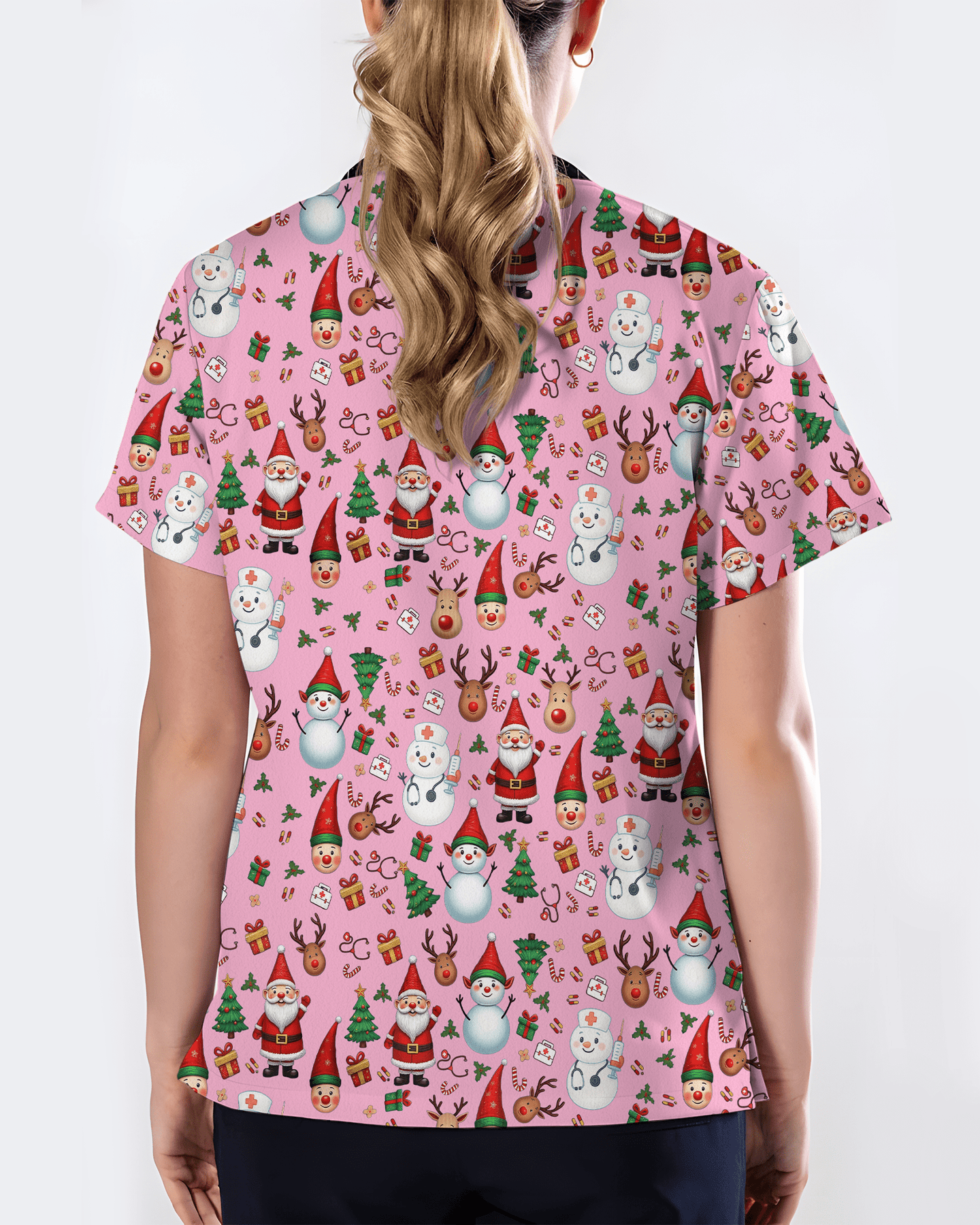 Cute Christmas Rudolph & Santa Medical Scrub Top - Scrubloop