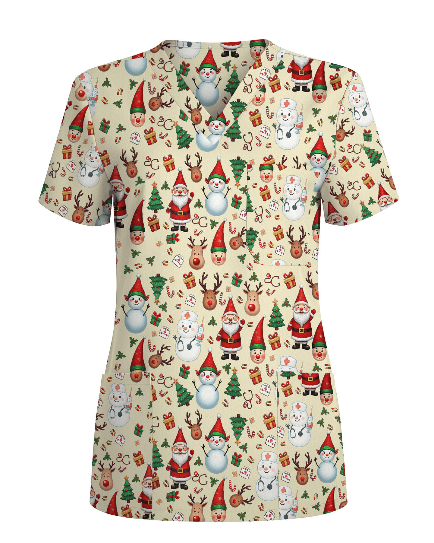 Cute Christmas Rudolph & Santa Medical Scrub Top - Scrubloop