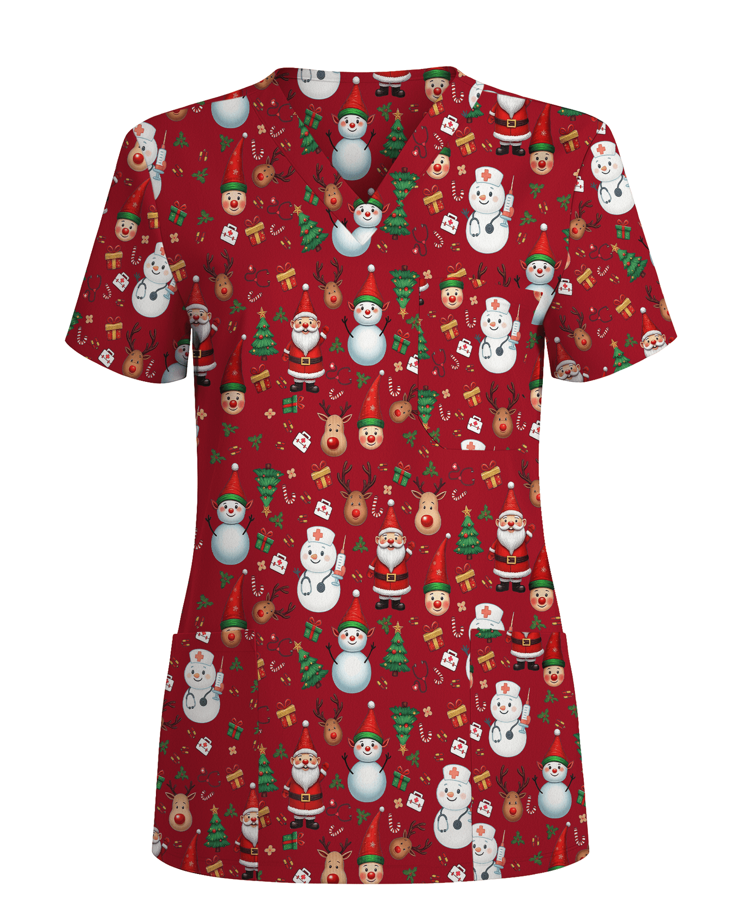 Cute Christmas Rudolph & Santa Medical Scrub Top - Scrubloop