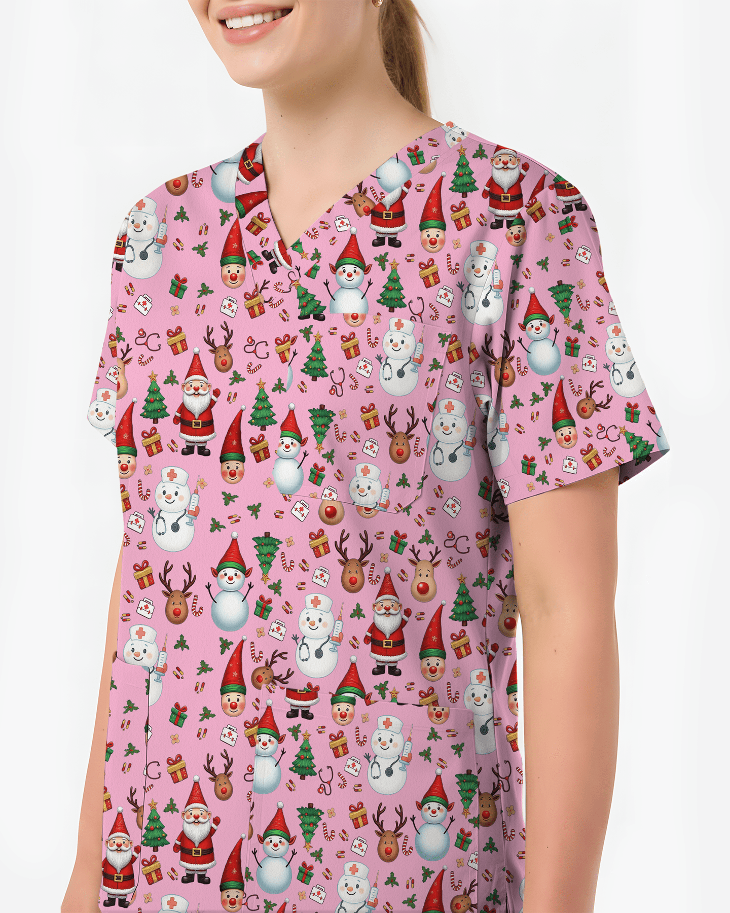Cute Christmas Rudolph & Santa Medical Scrub Top - Scrubloop