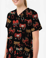 Cute Christmas Stethoscope Bow Scrub Top - Scrubloop