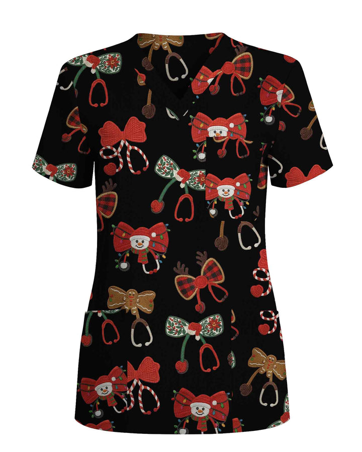 Cute Christmas Stethoscope Bow Scrub Top