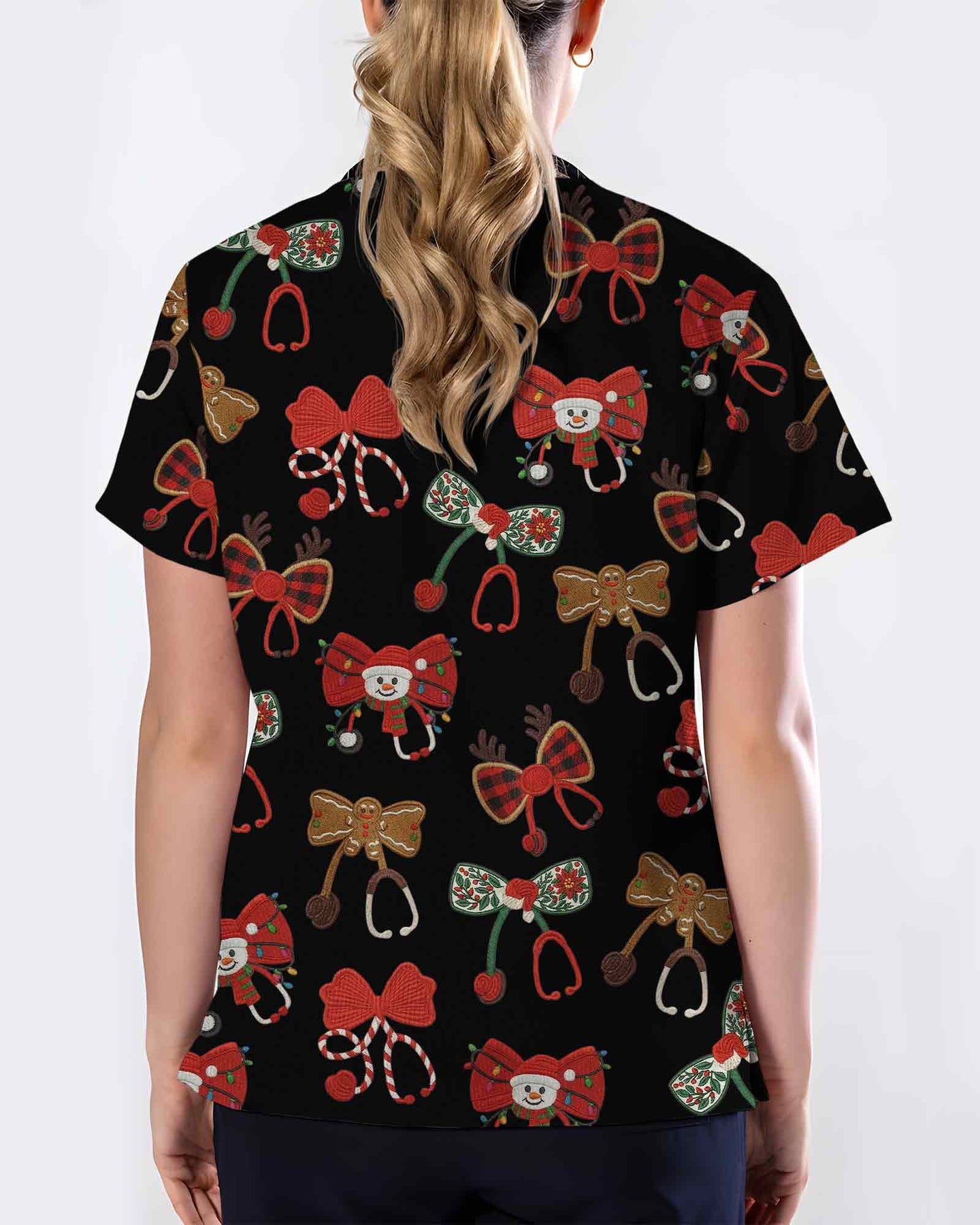 Cute Christmas Stethoscope Bow Scrub Top - Scrubloop