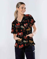 Cute Christmas Stethoscope Bow Scrub Top - Scrubloop