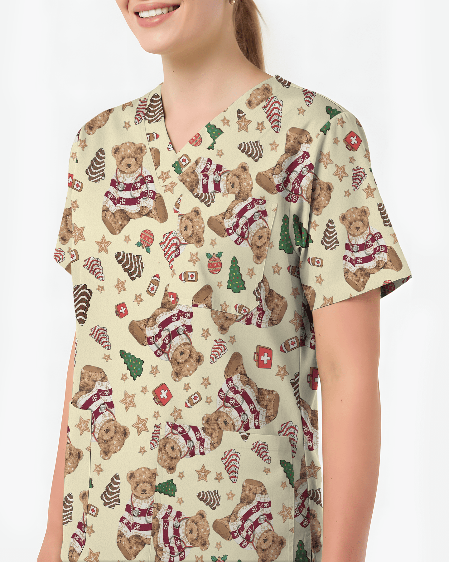 Cute Christmas Teddy Bear Medical Scrub Top - Scrubloop