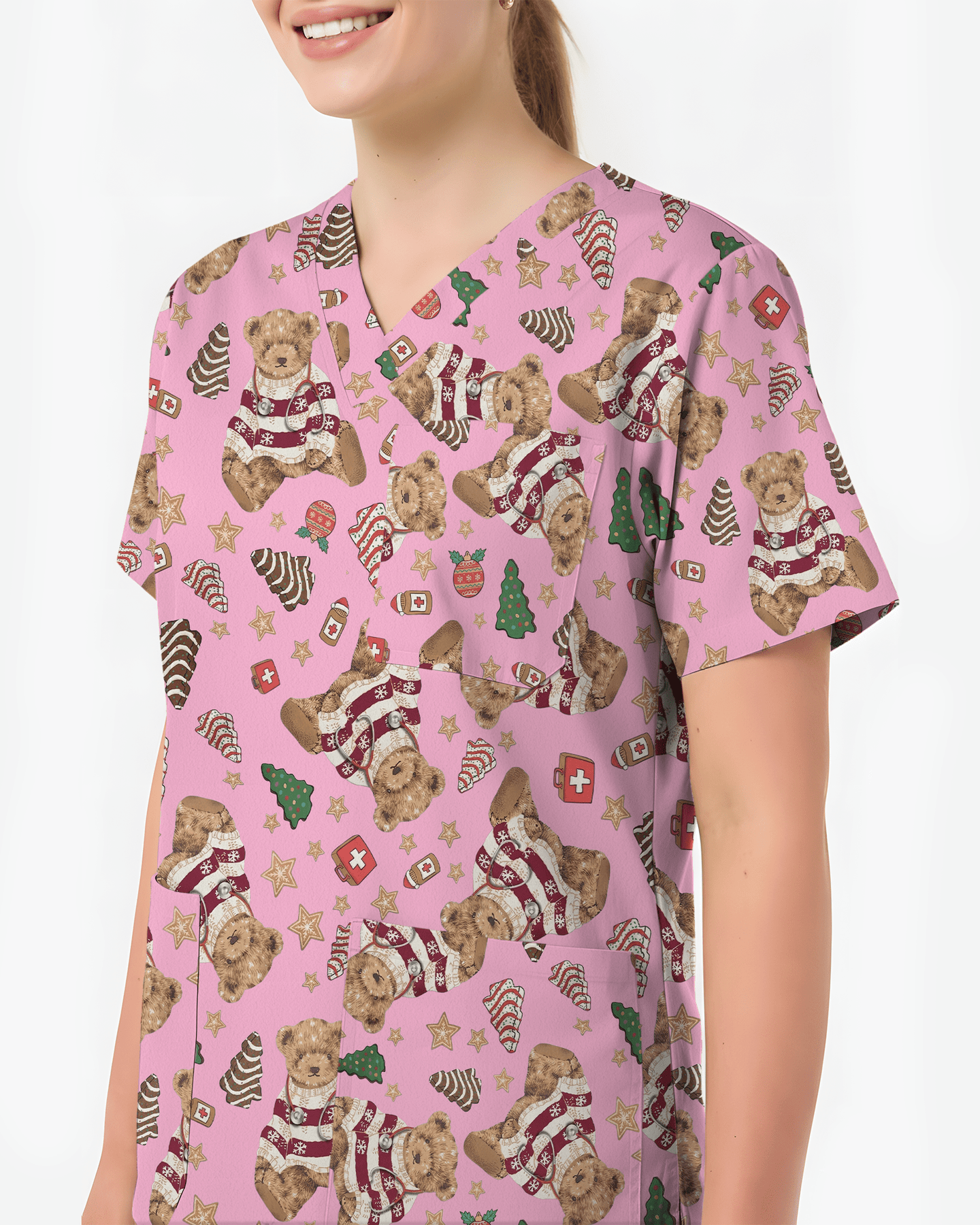 Cute Christmas Teddy Bear Medical Scrub Top - Scrubloop